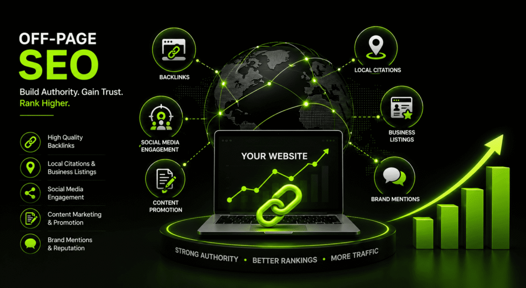 Off-Page SEO services illustration showing backlink building, local citations, business listings, social media engagement, content promotion, and website authority growth.