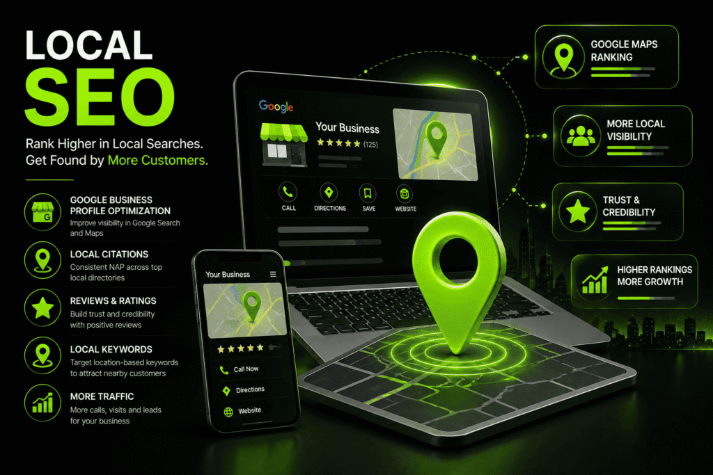 Local SEO services illustration showing Google Business Profile optimization, Google Maps ranking, local citations, customer reviews, local keyword targeting, and increased local visibility.