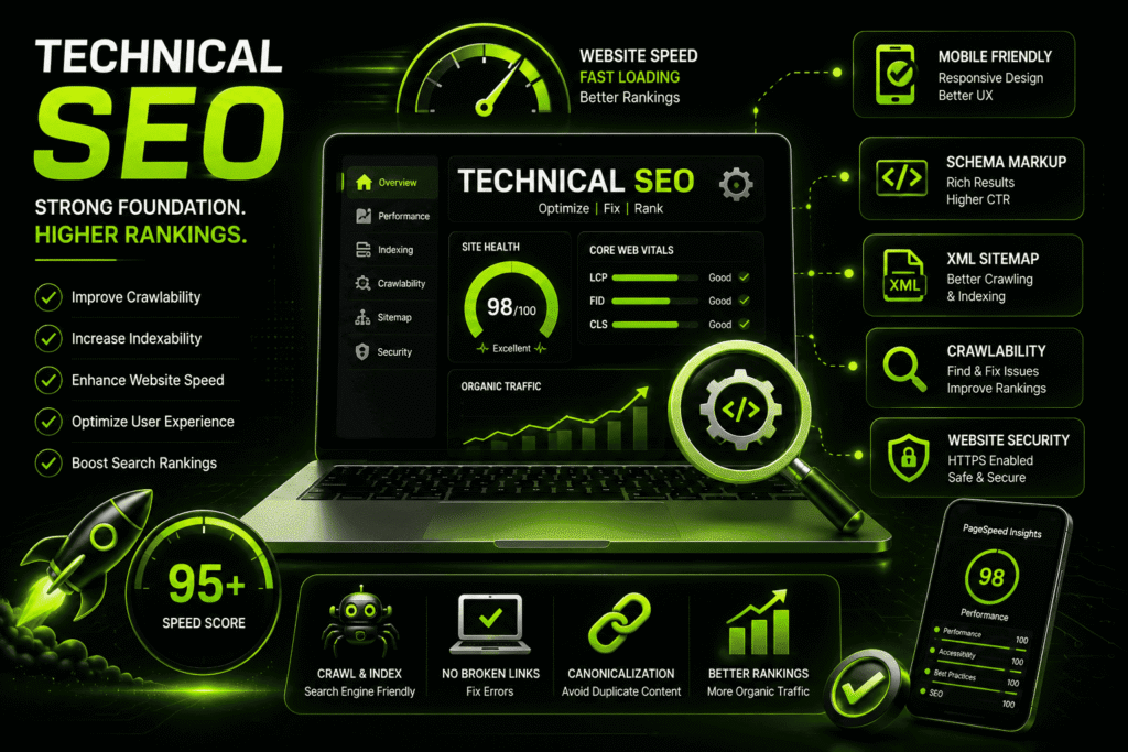 Technical SEO services illustration showing website speed optimization, mobile responsiveness, Core Web Vitals, schema markup, indexing, crawlability, and technical website performance improvements.